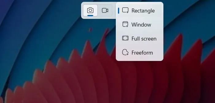 Utilisation de la capture Rectangle avec d'autres options affichées, notamment la fenêtre, la forme libre et le plein écran.