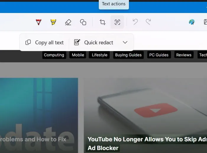 テキスト アクションを使用して、Snipping Tool のスクリーンショットからテキストを取得します。