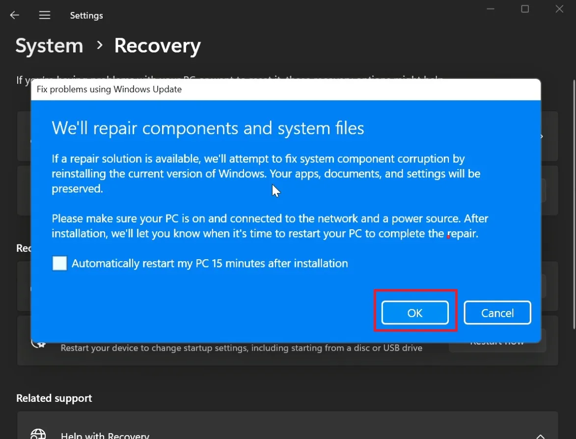 Usando la herramienta de recuperación de actualizaciones en Windows 11 23h2