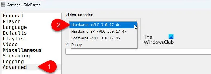 Configuración del decodificador de vídeo en GridPlayer