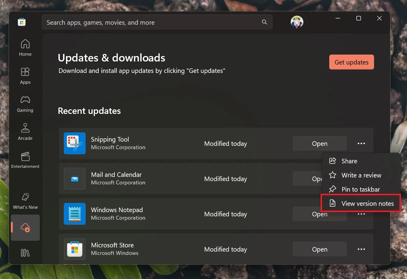 option d'affichage des notes de version dans le Microsoft Store Windows 11