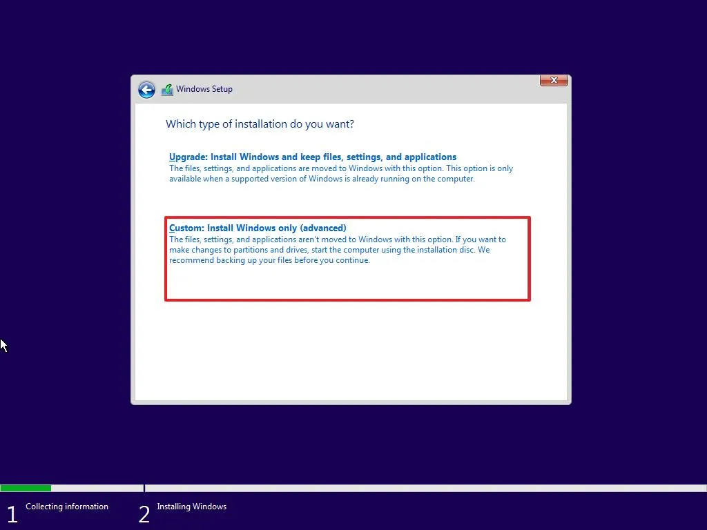 Installazione di Windows 10, opzione di installazione personalizzata