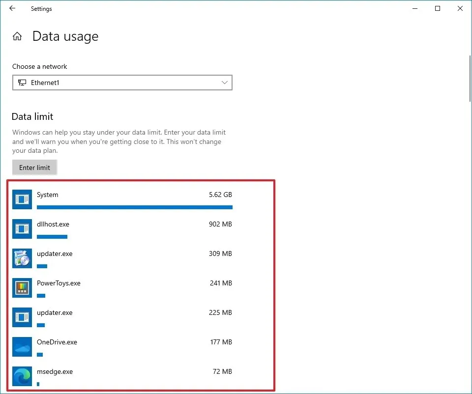 Uso actual de datos en Windows 10