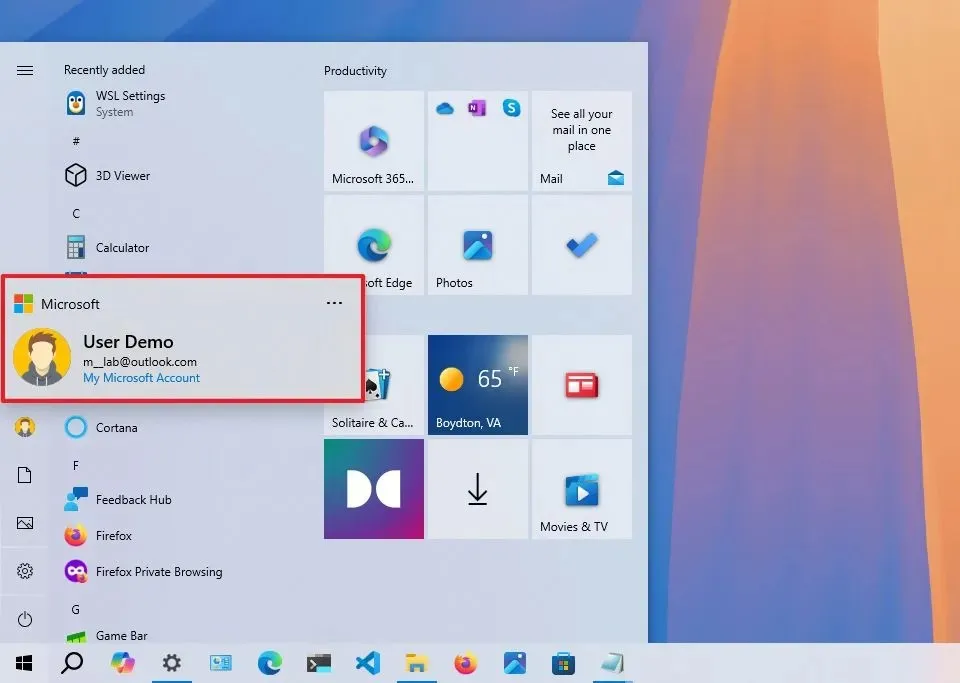 Windows 10 nowe menu Start menedżer kont