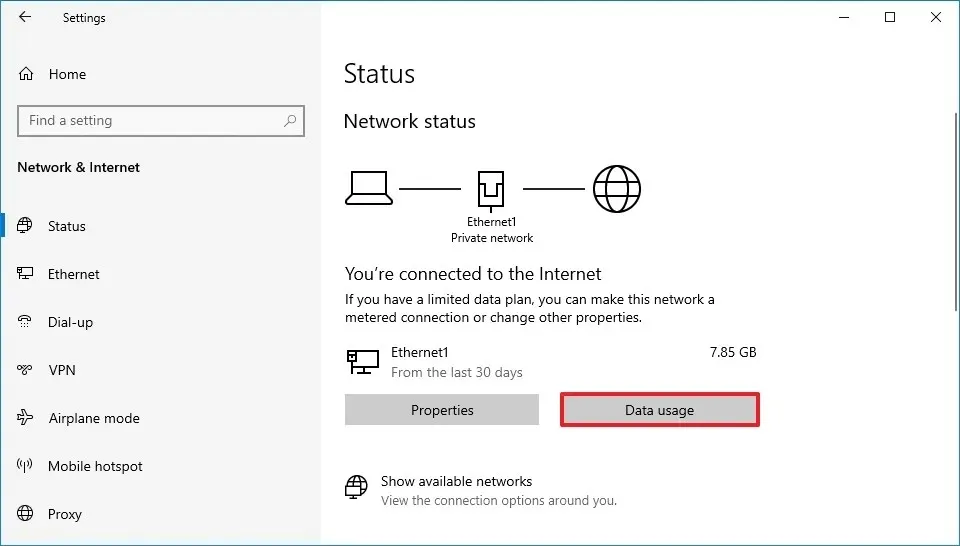 Impostazioni di utilizzo dei dati aperte in Windows 10