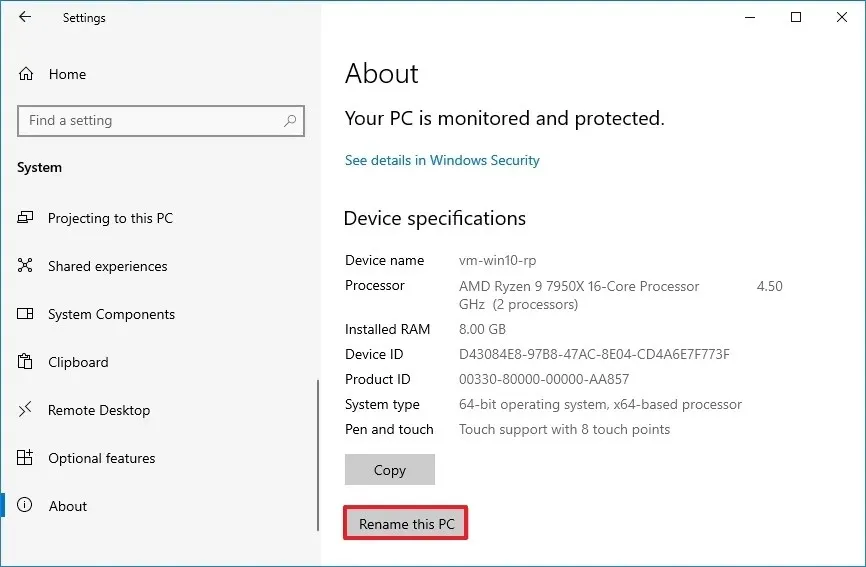 Opción de cambiar el nombre de la aplicación de configuración de PC