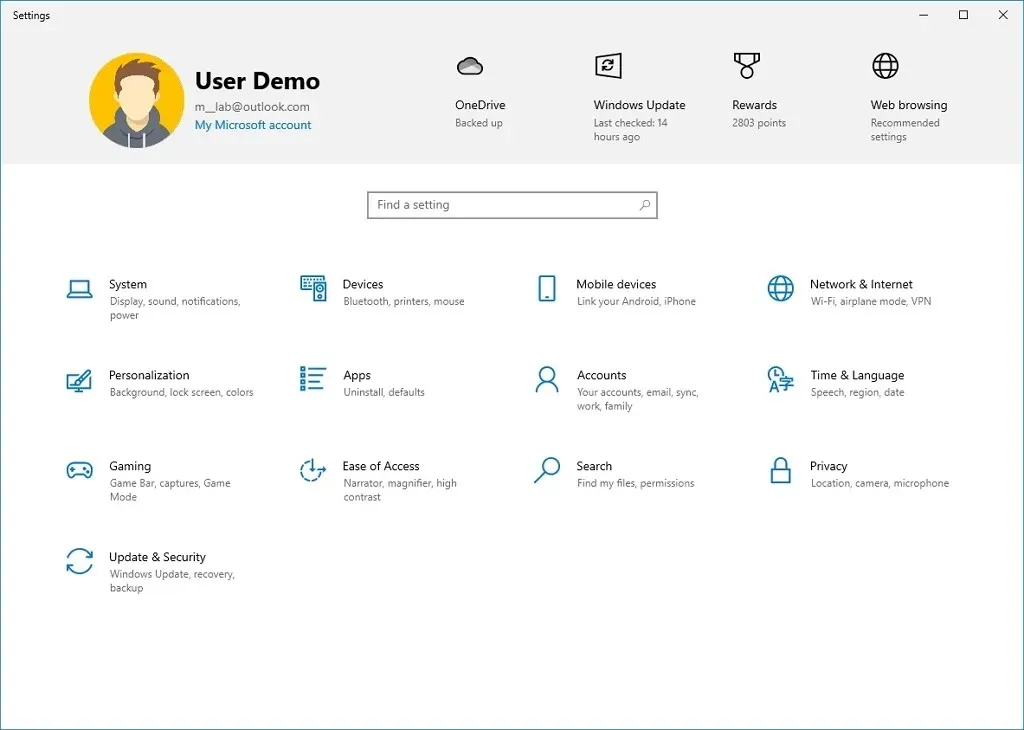 Aplicación de configuración de Windows 10