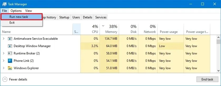 Windows 10 Task-Manager Neue Aufgabe ausführen