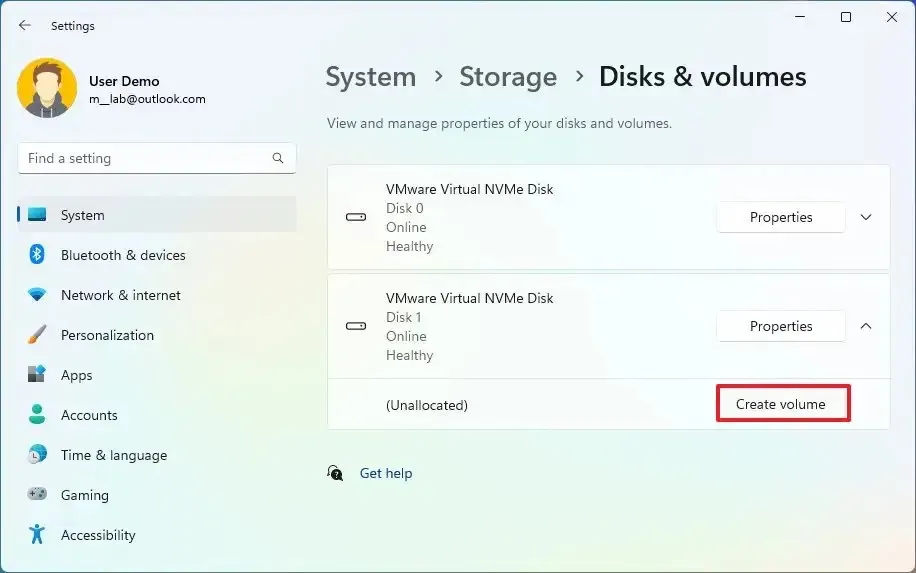 Option „Volume erstellen“