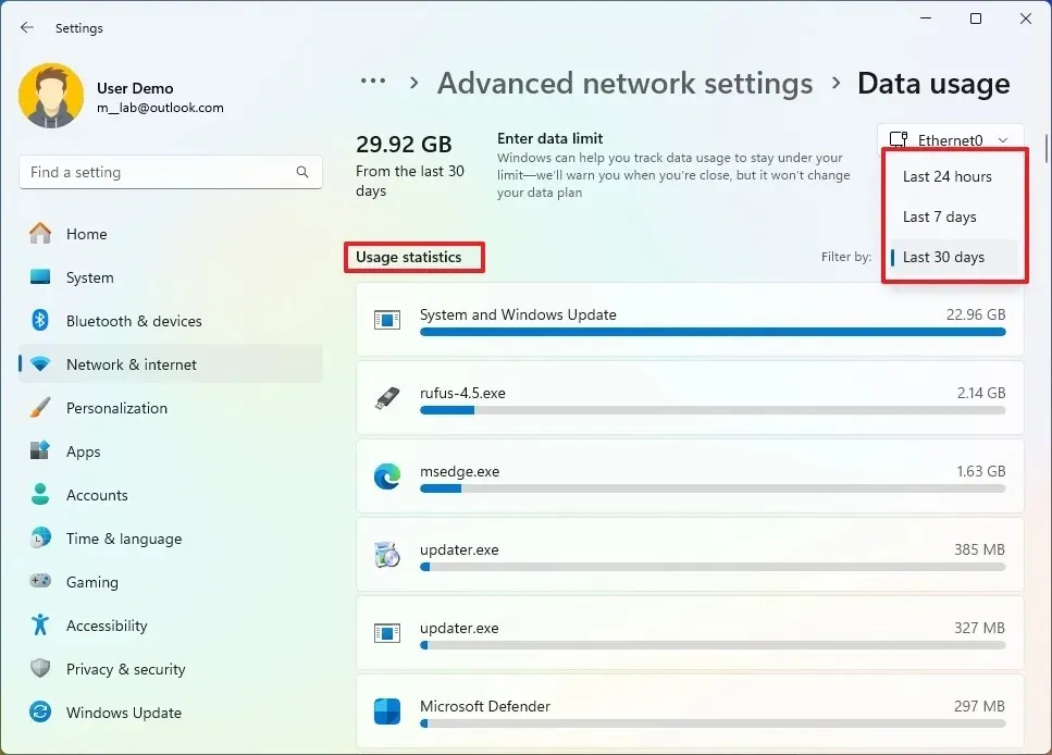 Uso actual de datos de Windows 11