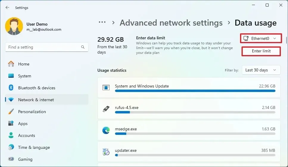 Windows 11 のデータ使用量制限