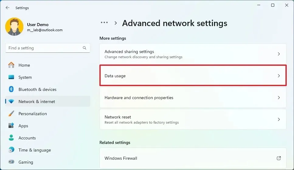 Emplacement des paramètres d'utilisation des données de Windows 11