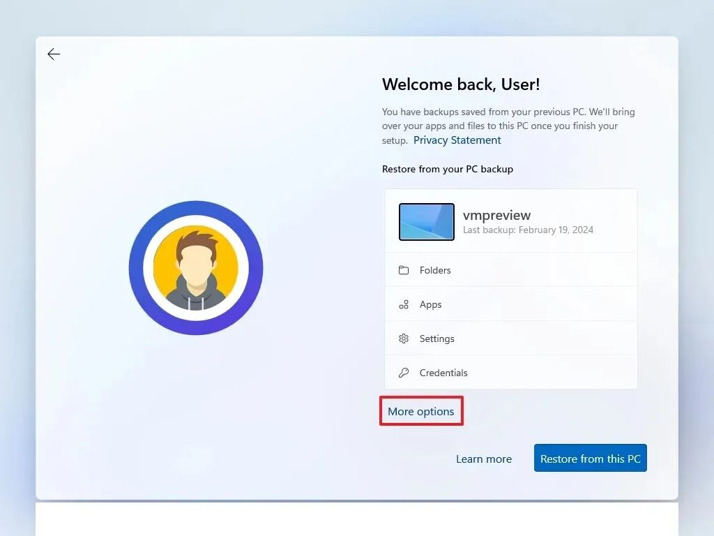 Impostazioni di backup OOBE 24H2 di Windows 11