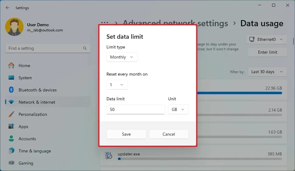 Establecer límite de uso de datos en Windows 11