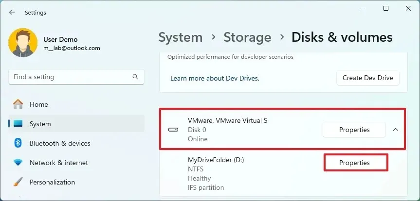 Disques et volumes Ouvrir les propriétés de la partition