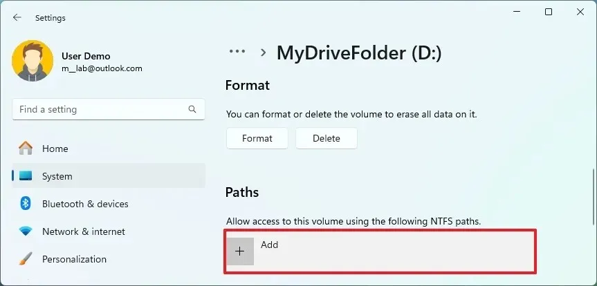 Ajouter un chemin à la partition