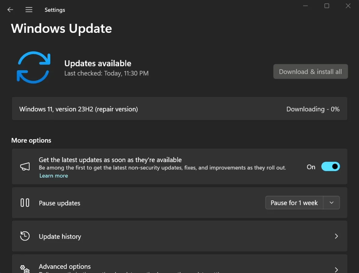 strumento di ripristino dell'aggiornamento di Windows 11 in azione