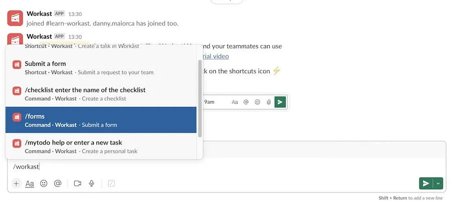 Le raccourci pour créer un formulaire Workast dans Slack