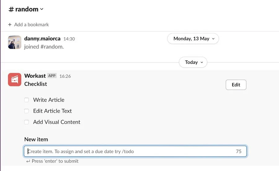 een to-do lijst maken via workast in slack