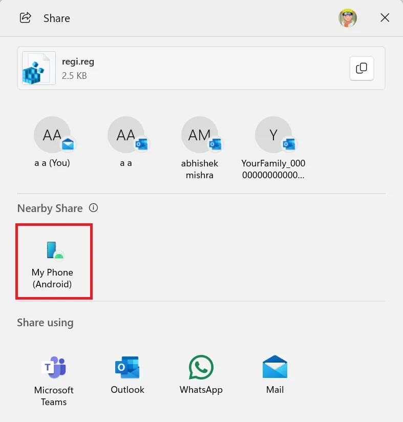 Ihre Telefonoption in Windows Share in Windows 11 Beta 23h2