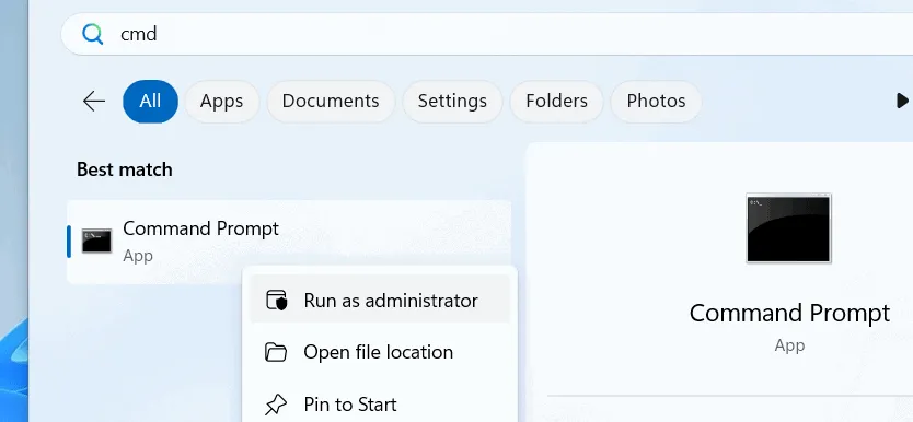 Optie Opdrachtprompt als administrator uitvoeren in startmenu