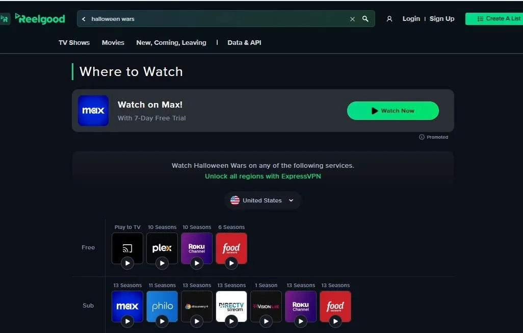 Search streaming services with Reelgood to find Halloween Wars.