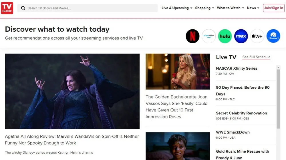 De homepage van TV Guide met het laatste tv- en filmnieuws.