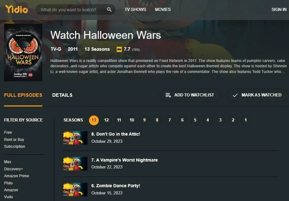 Busca servicios de transmisión de Halloween Wars en Yidio.