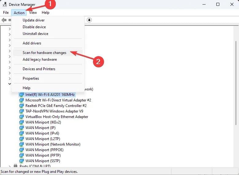 Scansione dell'azione per modifiche hardware nvwdmcpl.dll