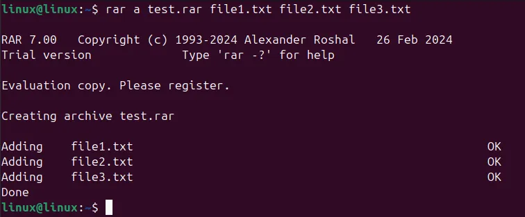 Ajout de fichiers à l'archive RAR à l'aide de la commande rar dans le terminal.