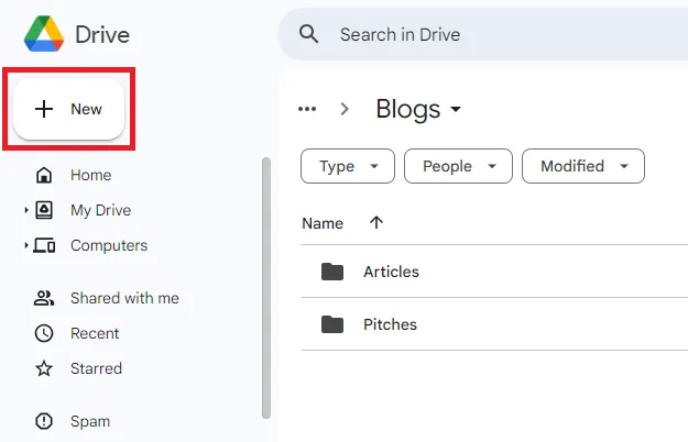 Per caricare il file PDF, fare clic sul pulsante Nuovo su Google Drive.