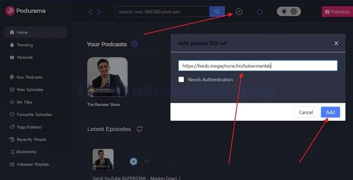 Adicionar Podcast RSS Feed ao aplicativo Podurama no Windows