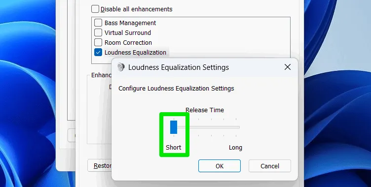 Pas de releasetijd van de Loudness Equalization aan