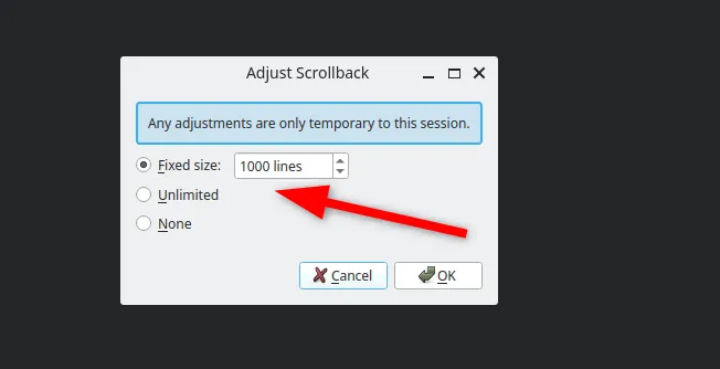 Regolazione delle impostazioni del terminale Konsole Scroll Back dalla finestra Adjust Scrollback.