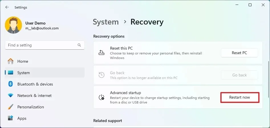 Windows 11 Advanced Startup restart option