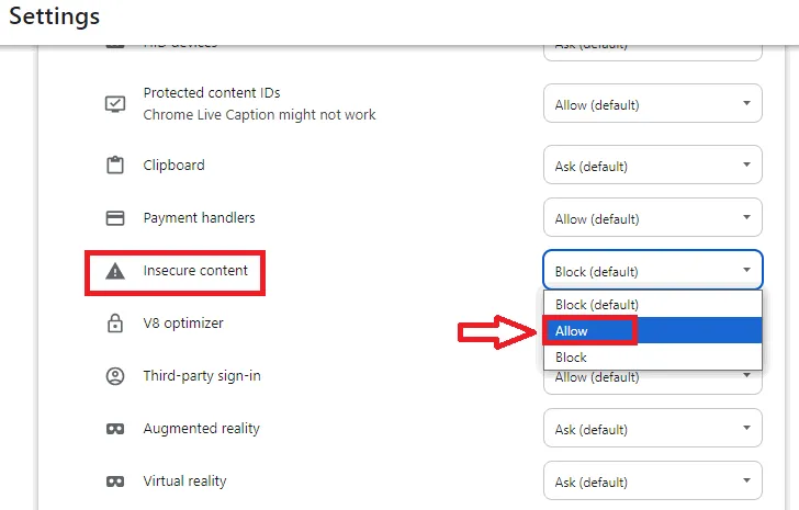 Sta 'Onveilige inhoud browsen' toe voor een specifieke webpagina om 'Onveilige downloads geblokkeerd' uit te schakelen.