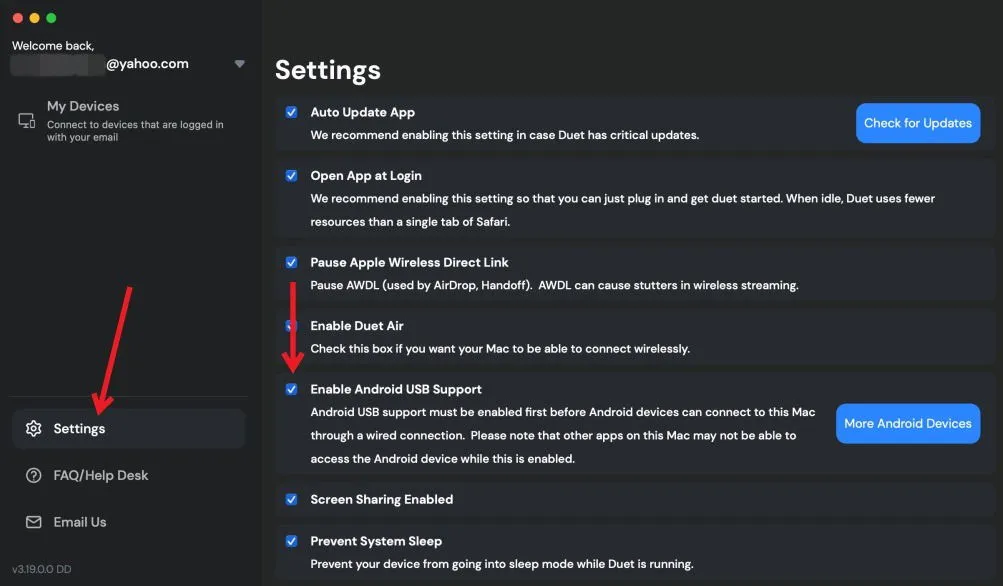 Aktivieren der Android USB-Unterstützung in Duet Display auf dem Mac.