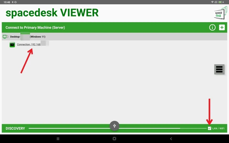 Tik op het IP-adres van de pc in de Spacedesk-app op een Android-tablet.