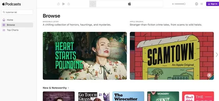 Windows에서 Apple Podcasts 웹사이트