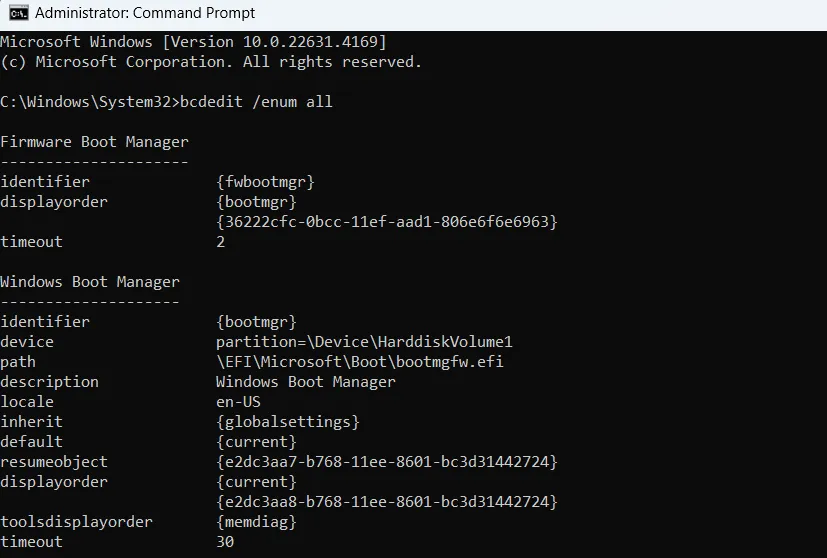 BCDEdit command in Windows Command Prompt