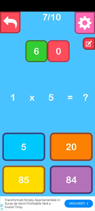 Android の Math Games アプリのクイズ ビュー。