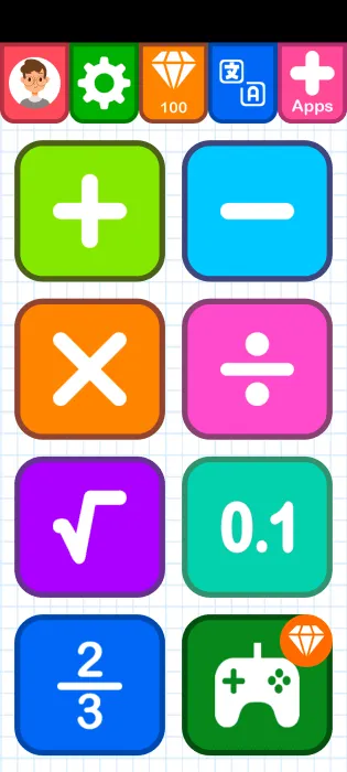 Hauptmenüansicht in der Math Games-App auf Android.