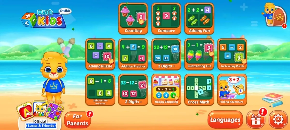 Visualizzazione del menu principale nell'app Math Kids su Android.