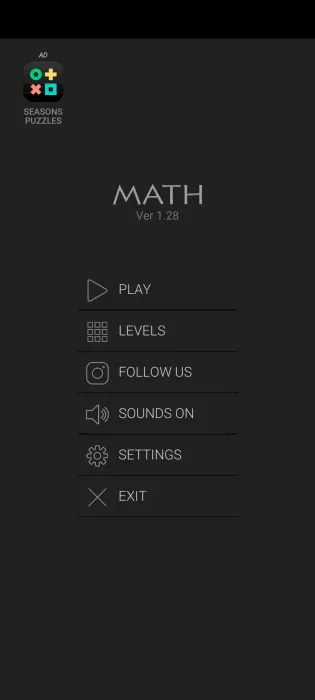 Vista del menú principal en la aplicación Math Riddles en Android.