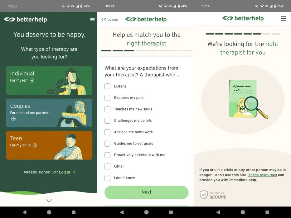 BetterHelp アプリのインターフェースの概要。