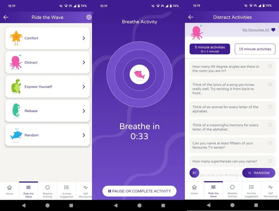 Übersicht über die Benutzeroberfläche der Calm Harm-App.