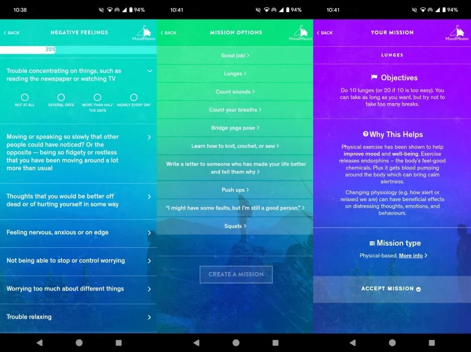 Overzicht van de MoodMission-appinterface.