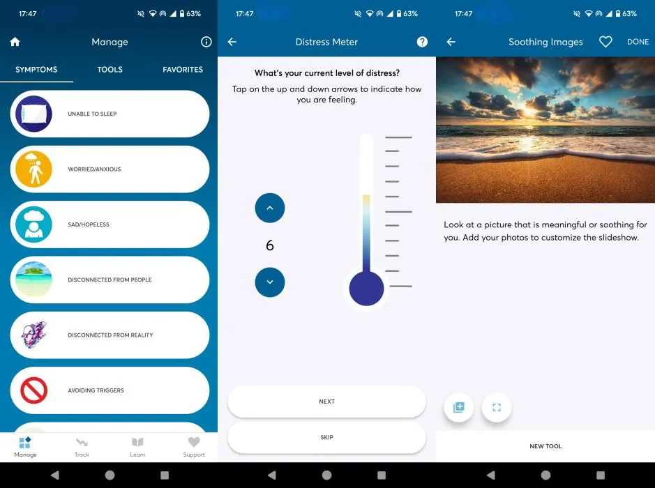 Overzicht van de interface van de PTSD Coach-app.