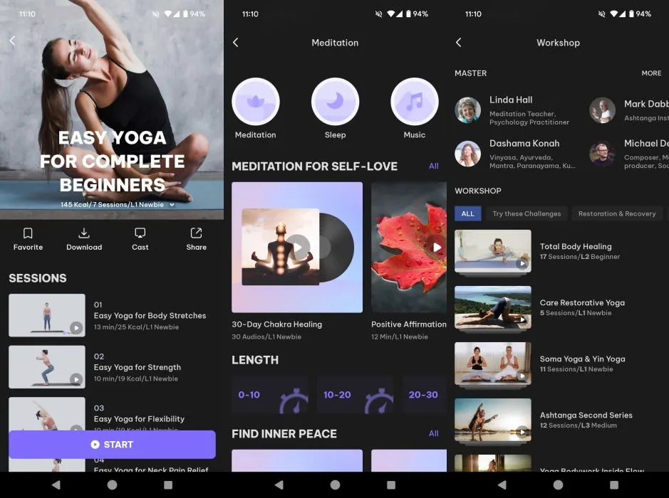 Overzicht van de interface van de dagelijkse yoga-app.