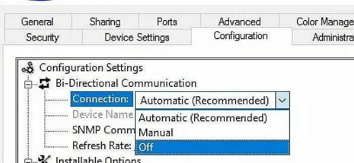 Configuración de impresora bidireccional